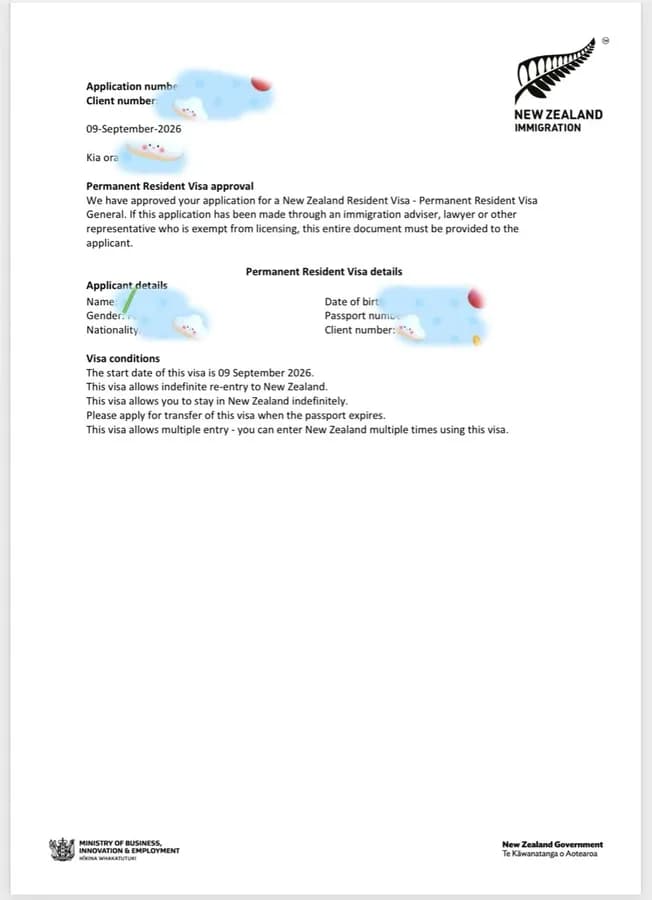 已打码的新西兰Permanent Resident Visa批准信截图