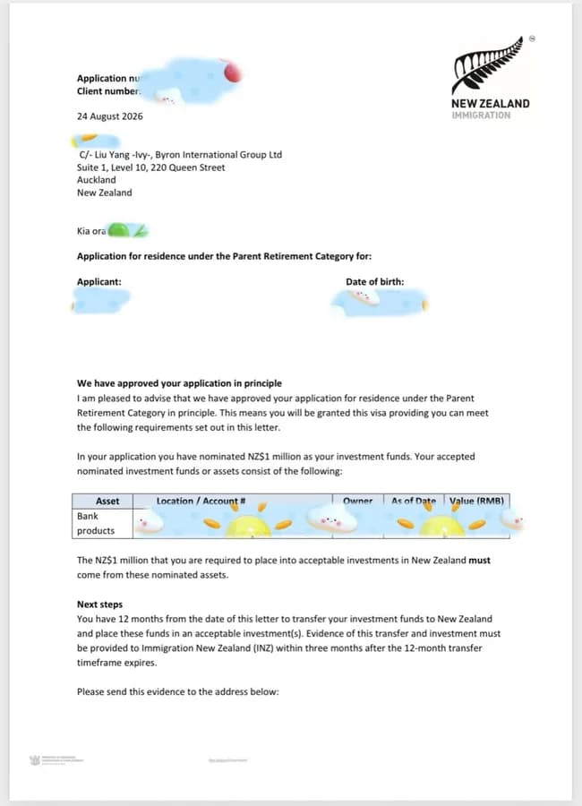 已打码的新西兰Parent Retirement Resident Visa原则性批准信截图